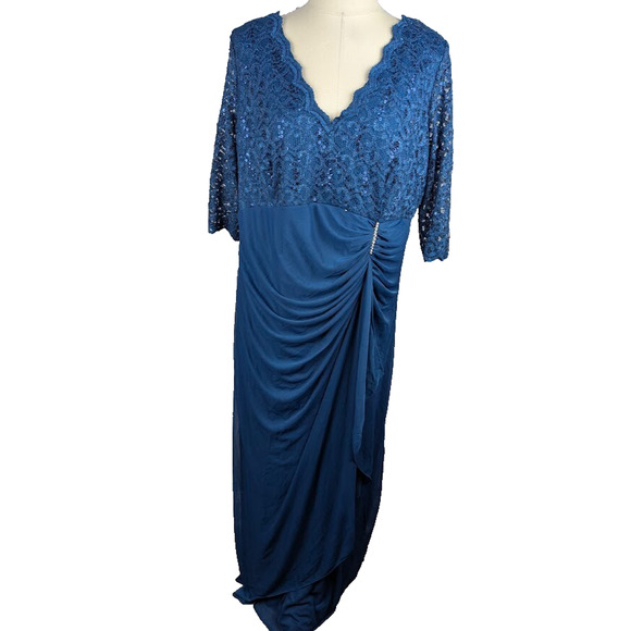 B&A by Betsy & Adam V Neck Gown Peacock Maxi Size 14W Sequin Lace Sleeves - Picture 2 of 7